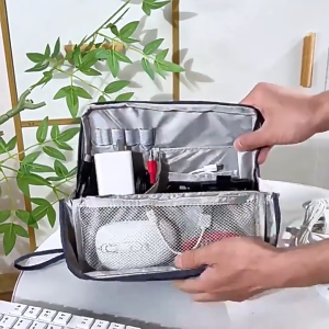 Stand up portable handheld makeup bag and multifunctional travel makeup bag with partitioned compartments