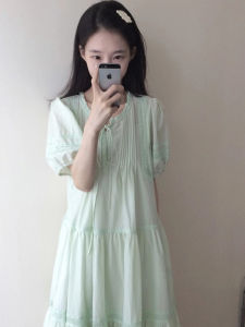 Váy Xanh Nhạt Tay Bồng Thanh Lịch Mùa Hè Cho Nữ Váy Dài Xếp Nếp Ren Cổ Điển Phong Cách Hàn Quốc Váy Ngắn Độc Đáo Và Đẹp