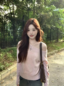 Áo Len Dệt Kim Tay Dài Hở Vai Phong Cách Hàn Quốc Màu Hồng Thanh Lịch Cho Nữ Mùa Thu Nhỏ Apparent Áo Len Cổ Chéo