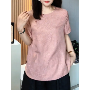 QINGNAER | Round Neck Short Sleeve Pink Elegant Plus Size Blouse