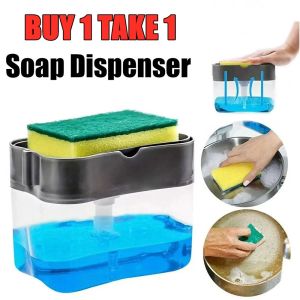 [BUY 1 TAKE 1] 2-in-1 Dishwashing Liquid Press Clean Pot Brush Kitchen Type Automatic Filling Box Cleaning Cloth Dishwashing Pot Brush Soap Liquid Box Soap Dispenser and Sponge Caddy For Dish Soap And Sponge