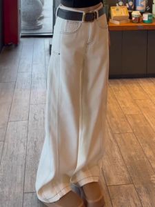 กางเกงยีนส์ขากว้างเอวสูงสีขาว ทรงสลิมฟิต กางเกงขายาวทรงตรง ทรงหลวม ทรงเข้ารูป ฤดูใบไม้ผลิ 2025 สำหรับผู้หญิง