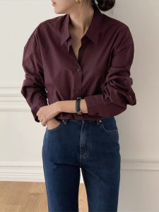High-End Pure Cotton Long Sleeve Wine Red Shirt Womens Fashionable Top Layering Spring Autumn New Style Polo Collar Button Detail