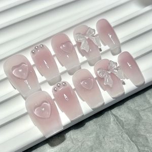 Cute Pink Sweet Princess Removable Handmade Wear Nail Art Y2K Vitality Girl Short Fake Nails Blush Bow Nail Patch