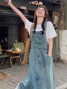 Irregular Hem Denim Halter Dress Womens Mid-Length Spring Summer New Knee-Length Sleeveless Jacket Dress Commute Style Loose Waist Polyester Cotton Blend Long Skirt A-Line Pure Color