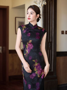 Vintage Black Sleeveless Qipao Modified Elegant Slimming Floral Print Dress