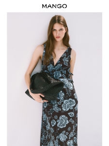 Mango | Đầm Dài Thẳng Tay Cột Nơ In Hoa V-Neck Phong Cách Resort Pháp Thu Đông