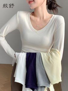 Slim Fit V-Neck Long Sleeve Womens T-Shirt White Base Shirt Commute Style Regular Length Shoulder T-Shirt Inner And Outer Wear