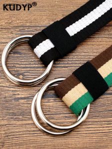 Mens Circle Double Ring Buckle Canvas Belt Ring Buckle Double Ring Belt Student Youth Jeans Belt Woven Belt Long