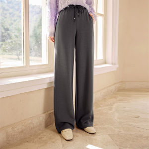 Gray Wide Leg Casual Pants Womens Spring New High Waist Straight Leg Trousers Pear Shape Body Drawstring Loose Fit Long Pants