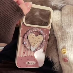 Korean Brown Splicing Fold Bowknot Love Heart Magnetic Bracket Phone Case for iPhone 17 Air 16 15 14 13 Pro Max Shockproof Cover