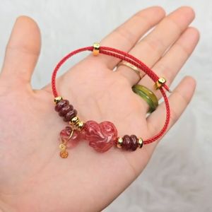 Vòng cáp ngũ điếu hồ ly túi tiền Thạch Anh Tóc Đỏ treo móc kim tiền vàng 10k cho mệnh Hoả và Thổ - Phong Thuỷ TUDO