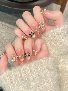 [Champagne Classic Style] Hand-Worn Armor 24 Fall and Winter New Arrival Fancy Nail Stickers Fake Nails Long Mid-Length Short