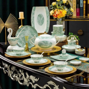 Golden Rimmed Underglaze Color Dishware Set