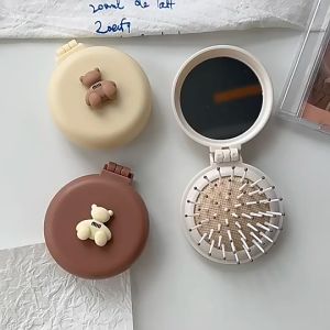 Foldable Mini Small Round Hair Comb Airbag Bear Comb Anti Static Styling Scalp Massage With Mirror Portable Travel Cushion Hair Brush