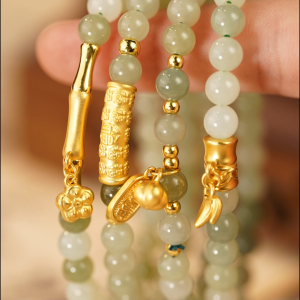 ZHOU LIU FU 周六福 24K Solid Gold Bracelet Natural Hetian Green Jade Beaded Bracelets Fortune Bag Bamboo Charm Blessing Chinese Style Stretch Bracelet for Women 17CM Y1911787/Y1910807/Y1910808/Y1910849/Y1910857/Y1912410