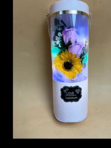 Sunflower With Two Rose Soap Flower And Light With Box Gifts For Valentines