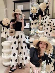 High-End Summer Outfit Mother Daughter Matching Clothes Bubble Sleeve Short Sleeve Polka Dot Wide Leg Pants Trendy White Checkered
