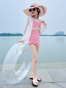 Girls One-Piece Swimsuit Long Sleeve Childrens Fashionable Summer Swimming Costume UV Protection Childs Bathing Suit
