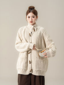 Áo Cardigan Len Cable-Knit Nút Sừng Phong Cách Thư thái