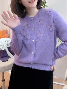 QINGNAER | Heavily Beaded 3D Flower Design Oversized Sweater Cardigan