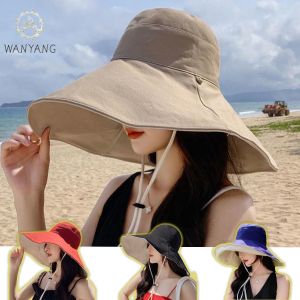 WANYANG【with Windproof Rope】Double Side Women‘s Fishmen Hat Foldable UV Protection Sunscreen Hat Summer Revisable Sun Hat