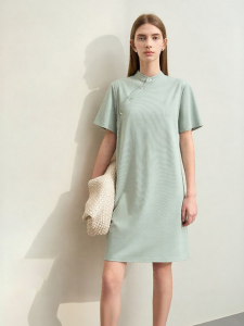 AMII | Chinese Style Stand Collar Asymmetric Placket Short Sleeve Slim Black Dress