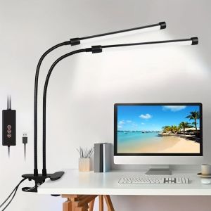 LED Desk Lamp Double/Single Head Reading Table Lamp With Clip Dimmable Brightness For Home Study Office Lighting PC Eye Protect