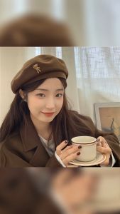 Heabety🎀 หมวกเบเร่ต์สีพื้นหมีน่ารักสำหรับฤดูหนาวหรูหราสไตล์เกาหลีหมวกเบเร่ต์ขนสัตว์สำหรับจิตรกร