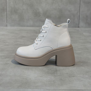 White Martin Boots Womens 9CM Ultra High Heel Thick Bottom Heightening Genuine Leather Chunky Heel Short Boots Autumn Winter New Style