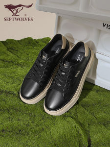 Septwolves Mens Thick Bottom Casual Shoes Black Spring Autumn Seasonal Board Shoes Comfortable Breathable Leather Shoes