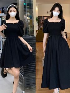 Slimming High Waist Black Square Collar Long Dress Vintage Elastic Waist Gentle Fairy Korean Style Bubble Sleeve Pleated Skirt