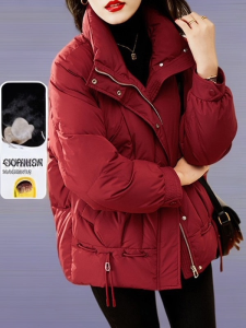 Red Thickened down Cotton Jacket Womens Style 2025 New Winter Coat Korean Version Straight Cut with Pocket Warmth Assurance