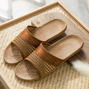 Indoor Woven Rattan Sandals Womens Four Seasons Home Indoor Anti-Slip Silent Spring Summer Cool Linen Head Cover Slippers