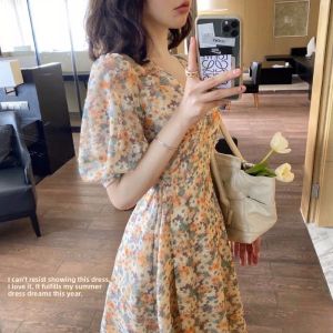 Floral Print Midi Dress Womens Summer New Style Korean Version V-Neck Short Sleeve Waist-Cinching Skirt Southeast Asian Style High Waist