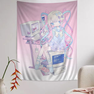 VIKAMA อะนิเมะ GAMING Room Tapestry Retro Gradient ภาพจิตรกรรมฝาผนังน่ารักหางม้าคู่สาวห้องนอนห้องนั่งเล่น INS สไตล์ตกแต่ง