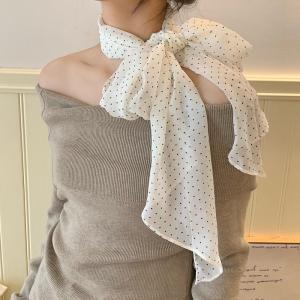 XUANXUAN | ผ้าพันคอไหมลายจุดทรงสี่เหลี่ยมยาวสไตล์ย้อนยุคสำหรับผู้หญิง ผ้าคลุมคอแบบบาง สายรัด ฤดูใบไม้ผลิและฤดูร้อน ผ้าฝ้ายโพลีเอสเตอร์ 155x28 ซม.