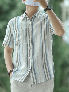 Mens Loose Fit Casual Linen Shirt Summer Thin Short Sleeve Striped Top Artistic Pocketless Lightweight Classic Collar Tunic