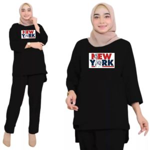 Setelan Kaos Wanita Jumbo Ld 130 cm Bahan Babyterry Lengan 3/4 One Set Wanita Terbaru NEW YORK