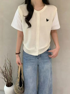 Summer Thin Womens Knitted Ice Silk Short Sleeve T-Shirt Fake Two-Piece Design High-End Feeling Korean Style Loose Fit Top