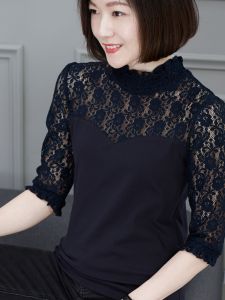 Black Lace Base Shirt Half High Collar mid Sleeve T-Shirt Women plus Size Slim Fit Pure Cotton Seven Sleeve Top Fashionable