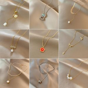 Butterfly Knot Pearl Necklace Womens Fashion Jewelry Luxury Minimalist Clavicle Chain Alloy Plated Silver Gold Finished