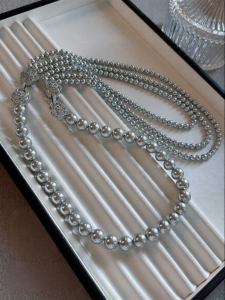 YISHU | Platinum Grey Real Pearl Necklace Long Multilayered