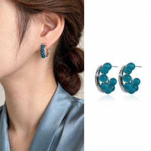 Minimalist C Shaped Blue Beaded Earrings