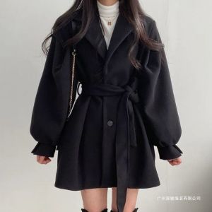 LEMON black woolen jacket womens autumn and winter clothing new trendy medium and long Korean version suit collar small woolen coat