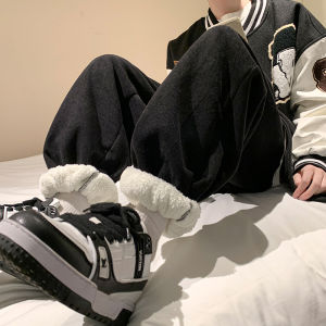 Extra Thick Lamb Velvet Mens Pants Autumn Winter Fleece Lined Sports Casual Cotton Trousers American Retro Cuffed Sweatpants