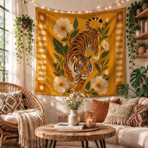VIKAMA Yellow Tiger Floral Wall Tapestry Big Cat White Blossom Green Leaf Geometric Border Bohemian Jungle Animal Decor Rustic