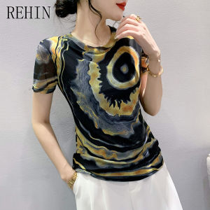 REHIN Summer fashion mesh unique pattern printed short-sleeved T-shirt round neck slim-fit elegant trendy Womens top