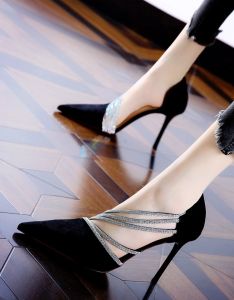 Womens High Heels Summer New Style Sharp Head Rhinestone Single Shoes Fashionable Outerwear Elegant Goddess Style Hollow out Roman Style Rubber Outsole PU Lining