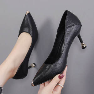 Black Soft Leather Pointed Toe High Heels Womens Slip-On Work Shoes Thin Heel Comfortable Professional Single Shoes Spring Autumn
